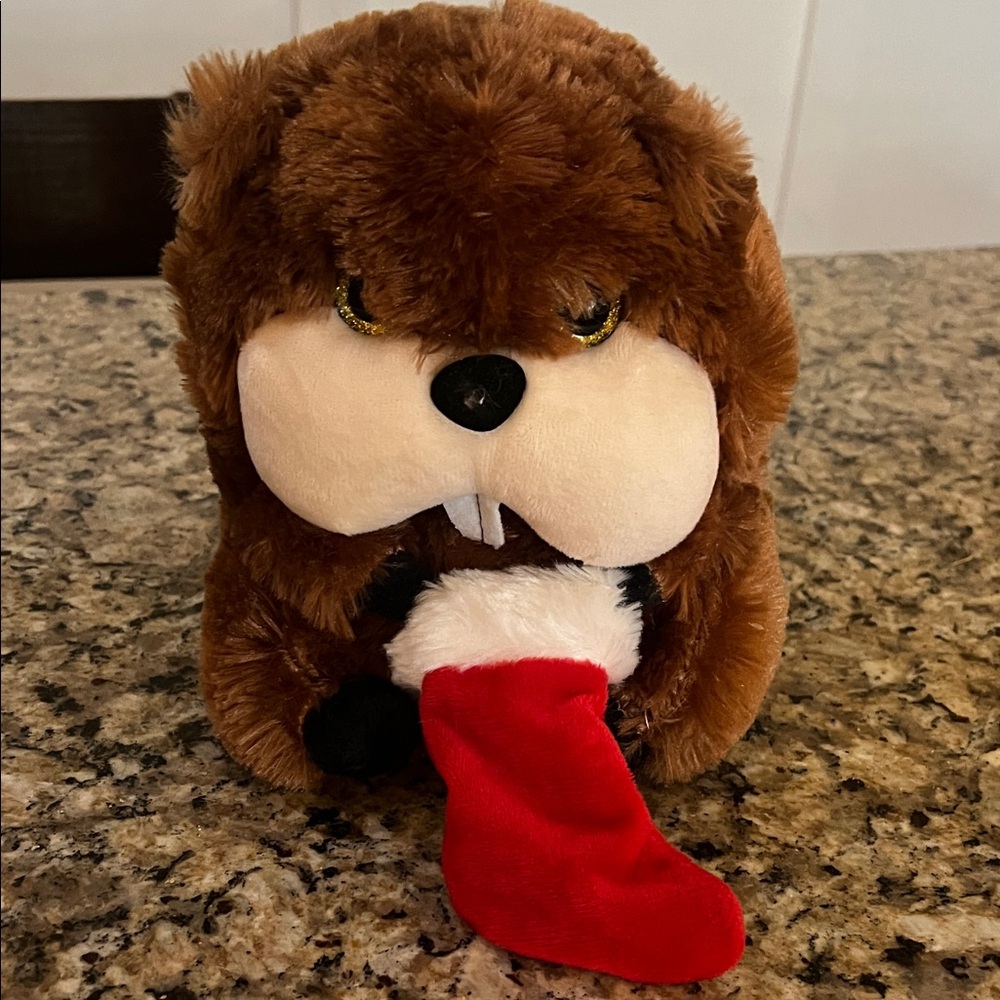 Plush Brown Chipmunk with Red Holiday Stocking from Buc-eees smoke and pet free